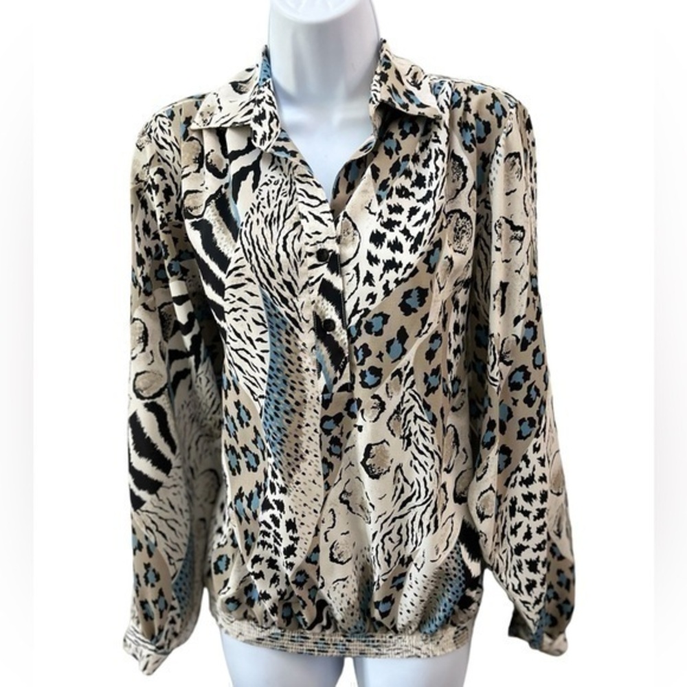 Vintage 1980s Animale Blouse size M/L Shoulder Pads Buttons Collar Da Rue Calif